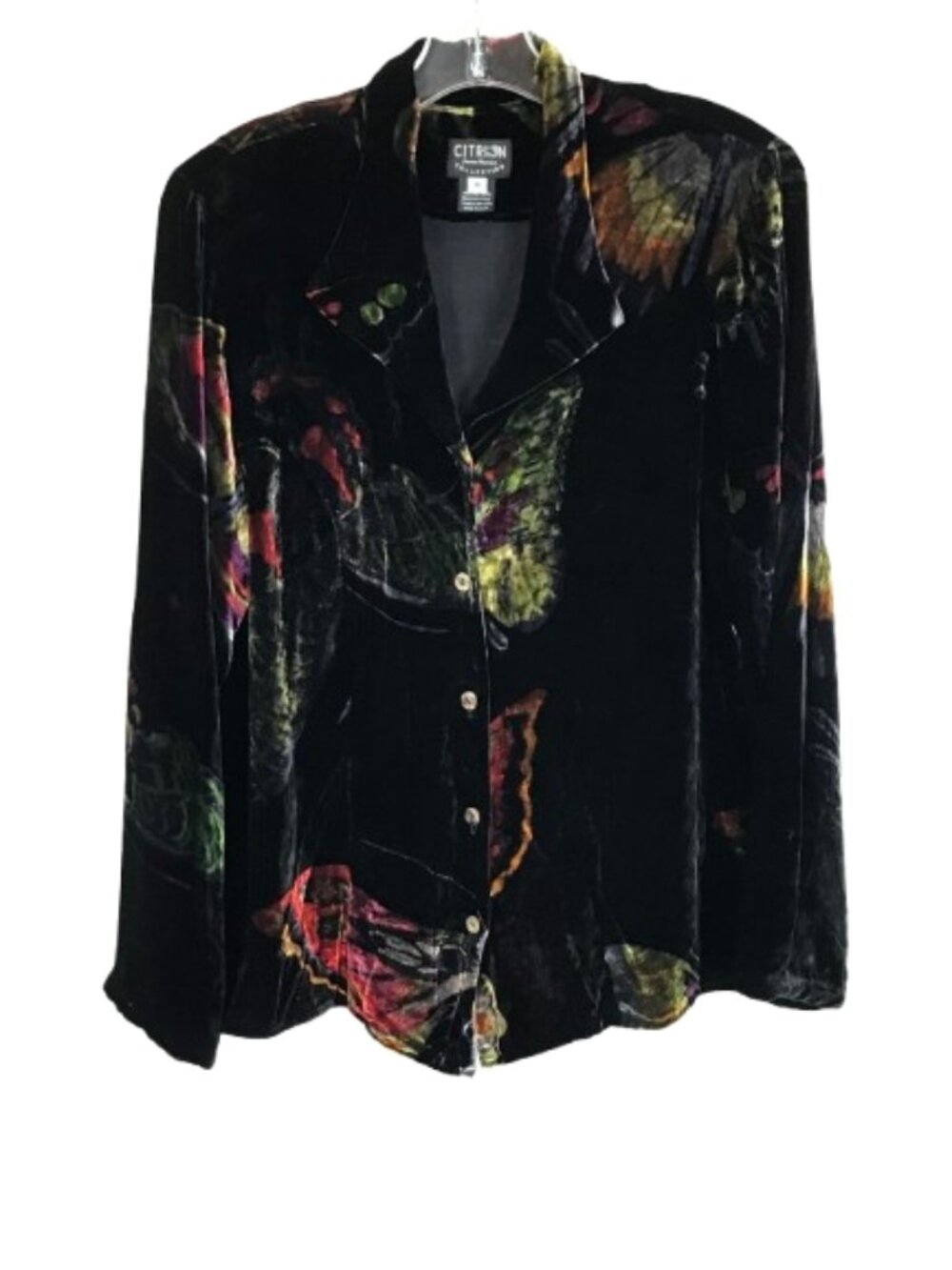 NWT Citron Collection Size Medium 100% Silk Butterfly Velvet Button Front Top